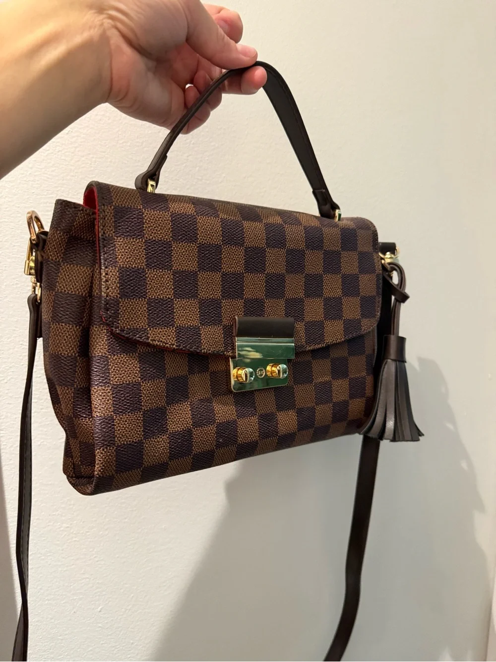 Designer-Style Brown Checkered Top-Handle Satchel with Tassel